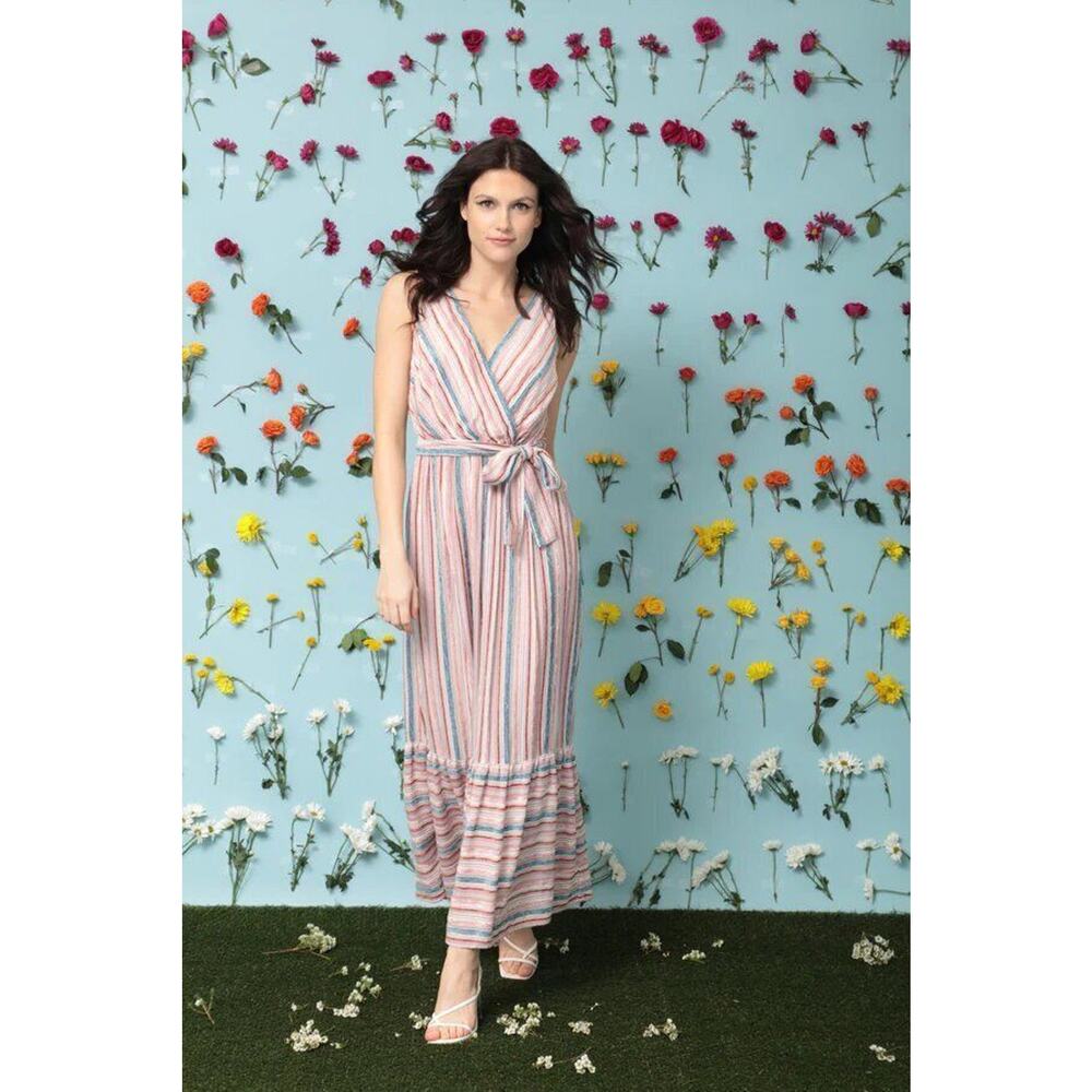 Donna Morgan Pink Ginger Ivory Aramina Striped Vneck Maxi Dress 22W NEW